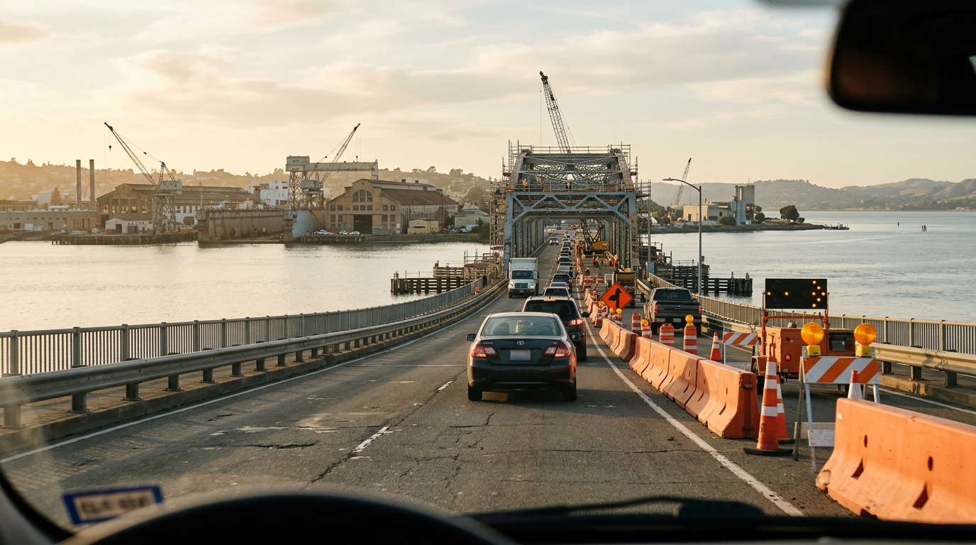 Traffic approaching Mare Island during causeway bridge construction
