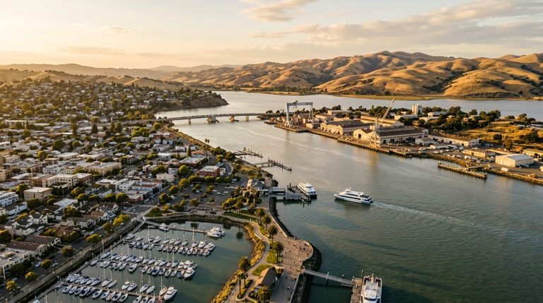 Vallejo California waterfront and Mare Island Strait at golden hour