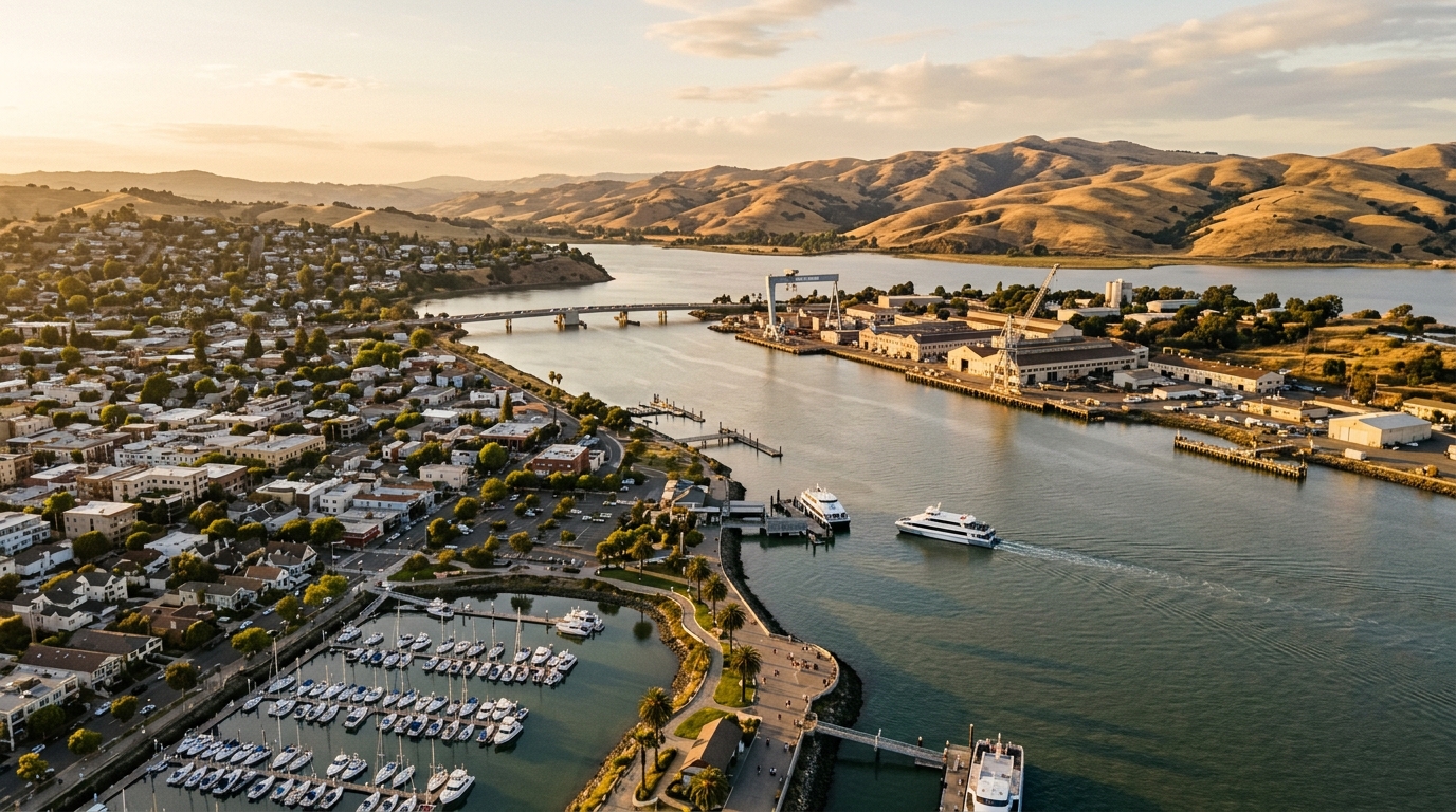 Vallejo California waterfront and Mare Island Strait at golden hour